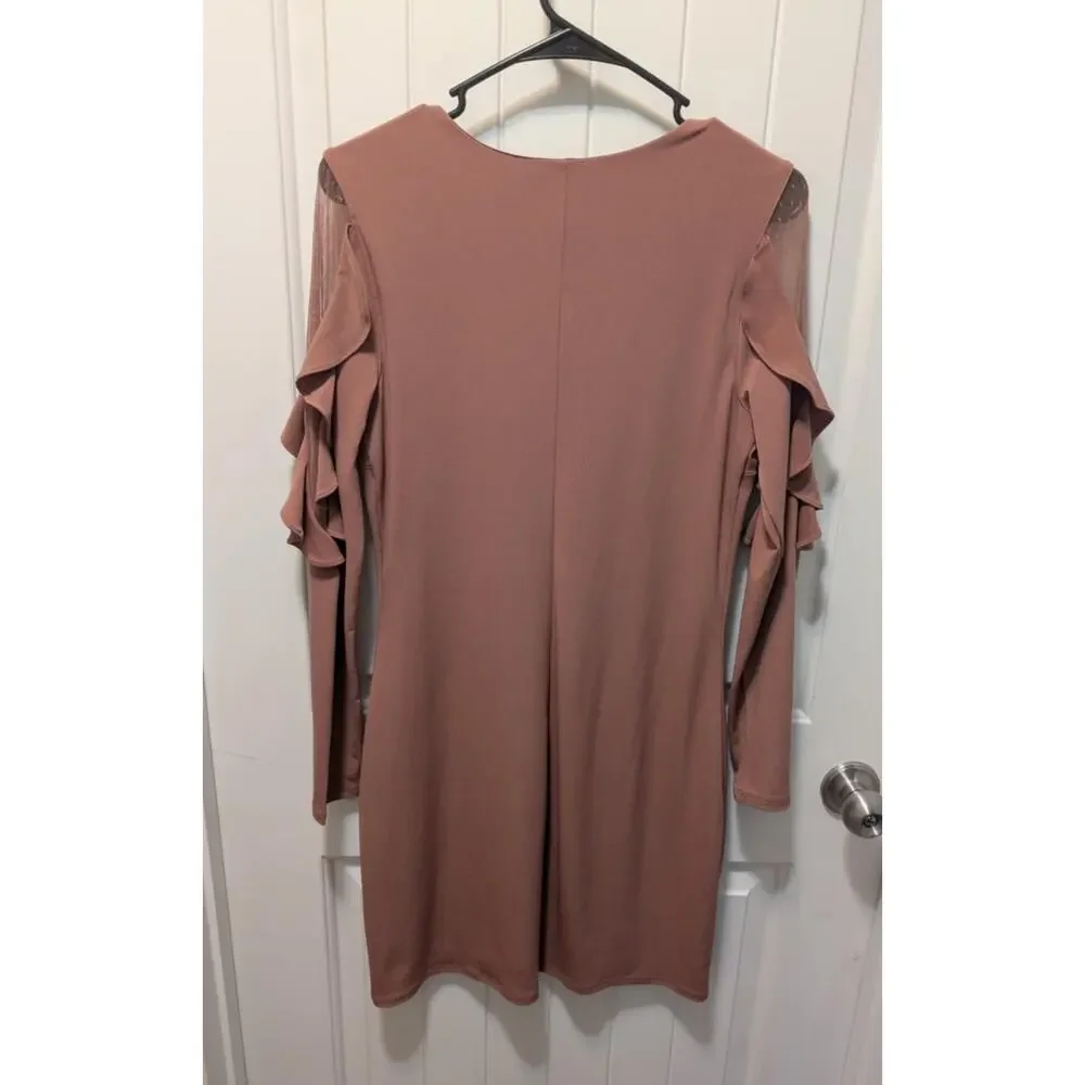 New! Express Ruffle Flutter Sheer Bodycon Vneck Mini Dress Rose Brown Size M - Picture 3 of 11
